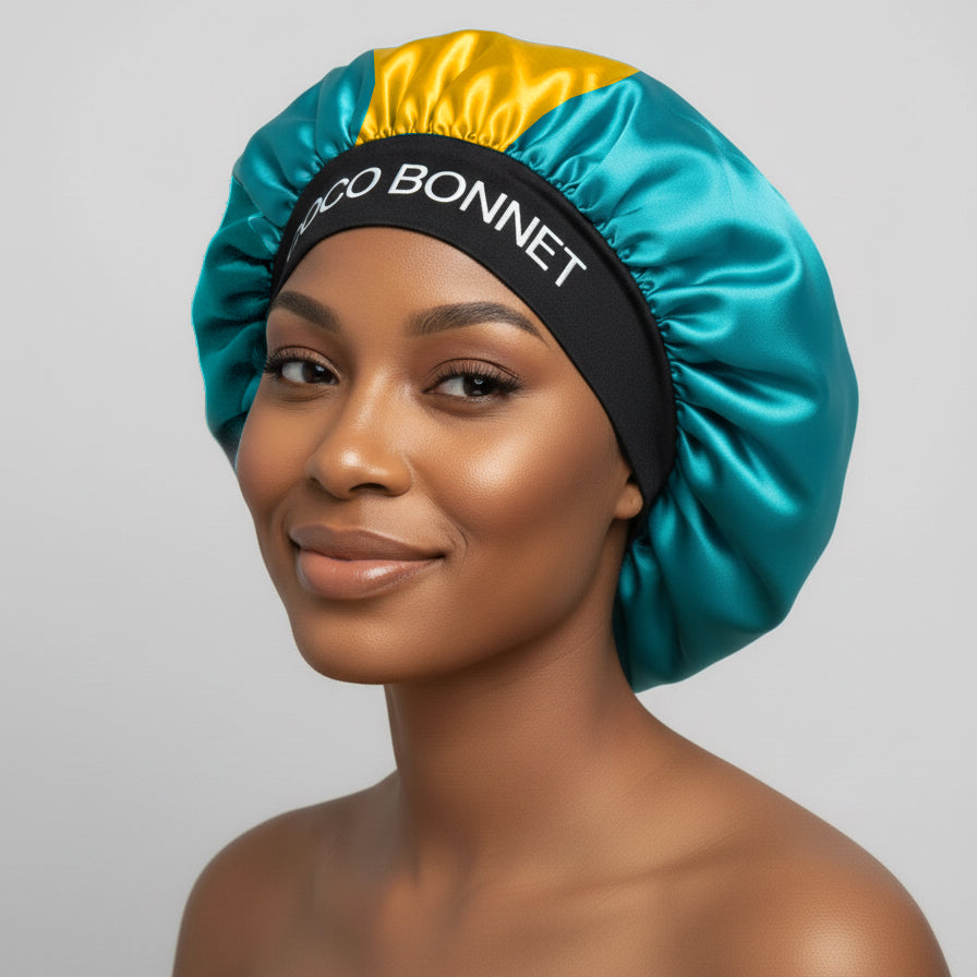 🇧🇸 Bahamas Flag Design – Coco Bonnet – Premium Satin Hair Bonnet