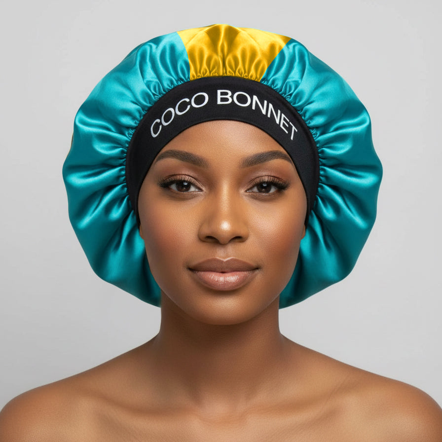 🇧🇸 Bahamas Flag Design – Coco Bonnet – Premium Satin Hair Bonnet