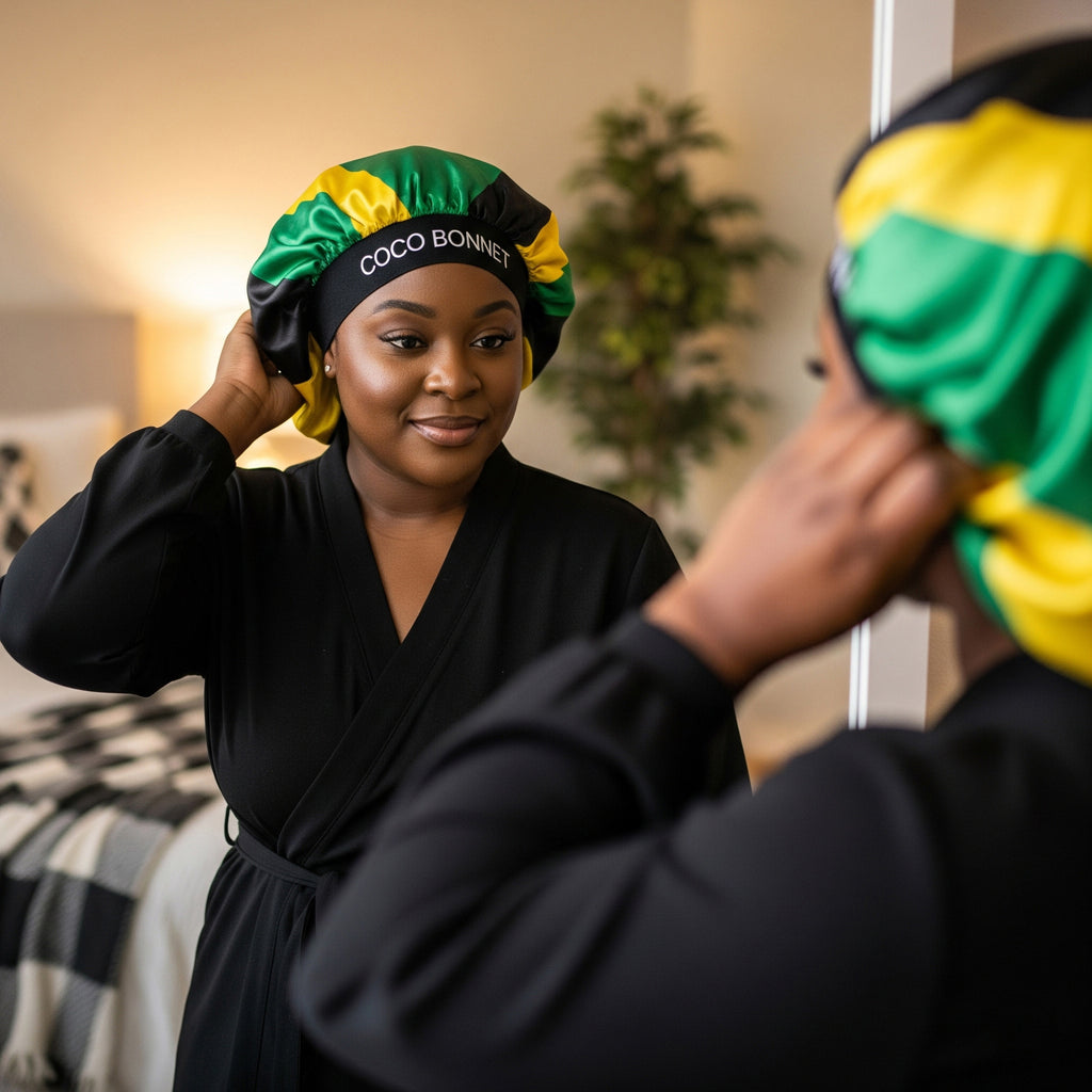 🇯🇲 Jamaica Flag Design – Coco Bonnet – Premium Satin Hair Bonnet