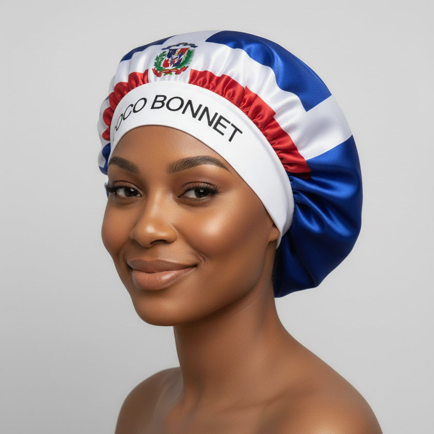 🇩🇴 Dominican Republic Flag Design – Coco Bonnet – Premium Satin Hair Bonnet