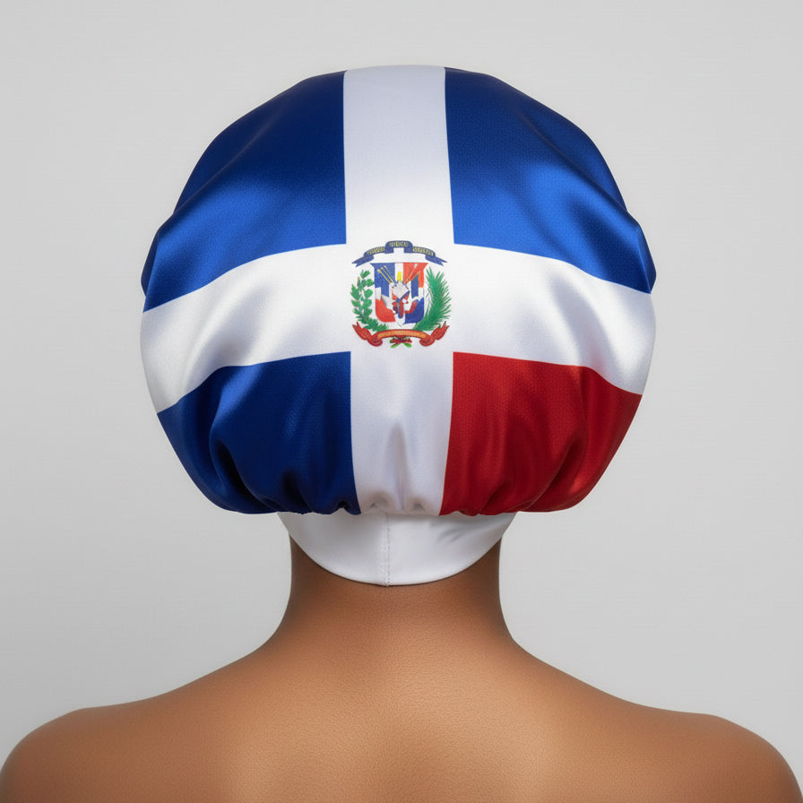 🇩🇴 Dominican Republic Flag Design – Coco Bonnet – Premium Satin Hair Bonnet
