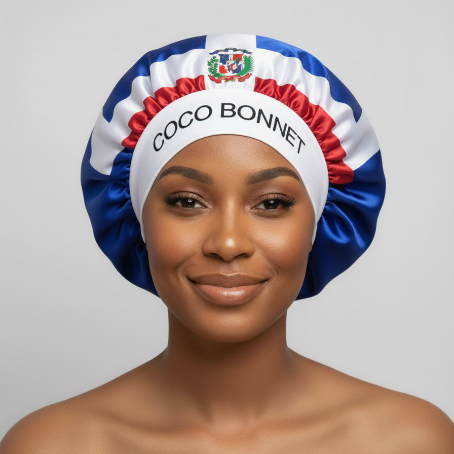 🇩🇴 Dominican Republic Flag Design – Coco Bonnet – Premium Satin Hair Bonnet