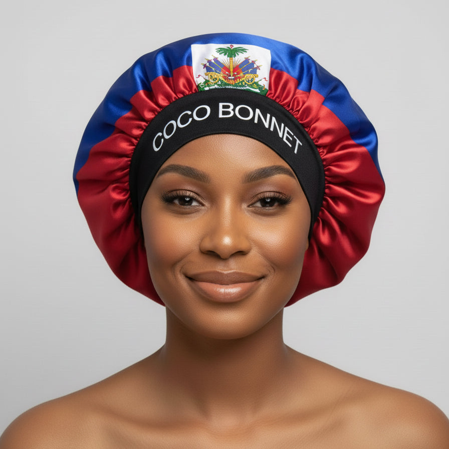🇭🇹 Haiti Flag Design – Coco Bonnet – Premium Satin Hair Bonnet