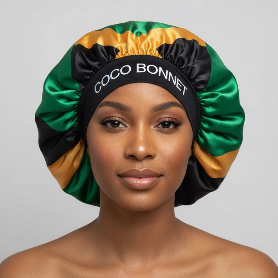 🇯🇲 Jamaica Flag Design – Coco Bonnet – Premium Satin Hair Bonnet