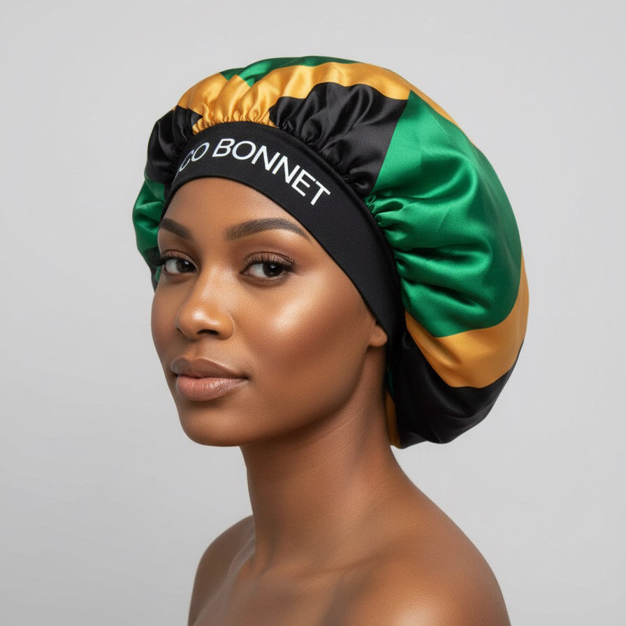🇯🇲 Jamaica Flag Design – Coco Bonnet – Premium Satin Hair Bonnet